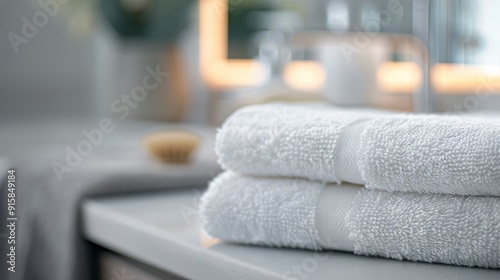 Neatly Rolled White Towels on a Bathroom Counter in a Modern Interior Setting