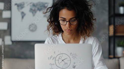 Woman Working on Laptop in Modern Workspace With World Map on Wall