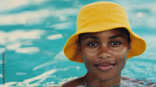 Young Woman Swimming in Pool With Yellow Swim Cap on a Sunny Day