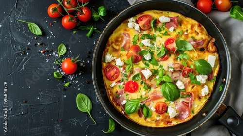 Omelet with tomatoes, jamon and feta cheese in pan. Top view