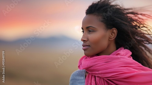 Young Woman Smiling in Pink Scarf Against Snowy Winter Landscape