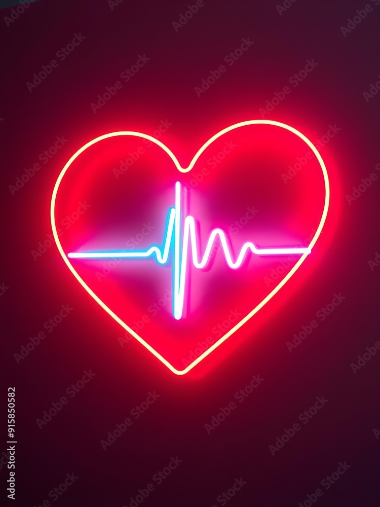 A neon heart with an ecg line in the middle created with Generative AI technology. A neon heart with an ecg line in the middle created with Generative AI technology.