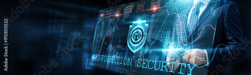 Information security specialist analyzing data breaches, creating a graph of threat vectors and trends, implementing a growth chart of security measures, enhance protection against future attacks. photo