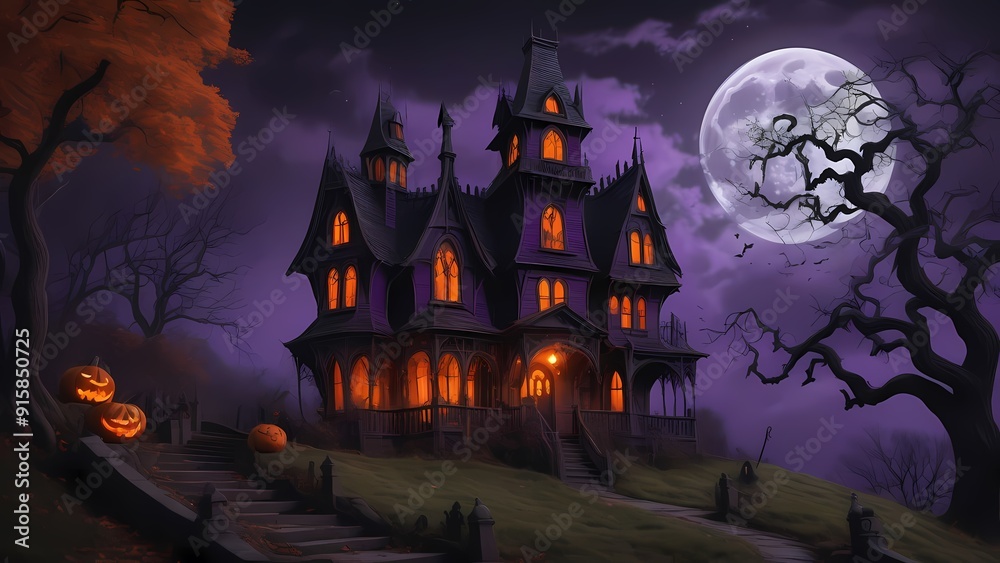 an enchanting Halloween scene with a haunted house on a hill, glowing jack-o'-lanterns, twisted trees, playful ghosts, a full moon, a witch on a broomstick, and eerie yet vibrant colors an enchanting Halloween scene with a haunted house on a hill, glowing jack-o'-lanterns, twisted trees, playful ghosts, a full moon, a witch on a broomstick, and eerie yet vibrant colors