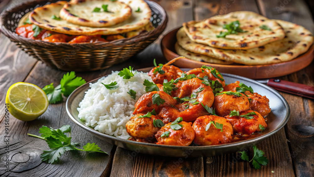 Succulent tandoori prawns garnished with fresh cilantro and served with a side of basmati rice and naan bread on a traditional Indian plate. Succulent tandoori prawns garnished with fresh cilantro and served with a side of basmati rice and naan bread on a traditional Indian plate.