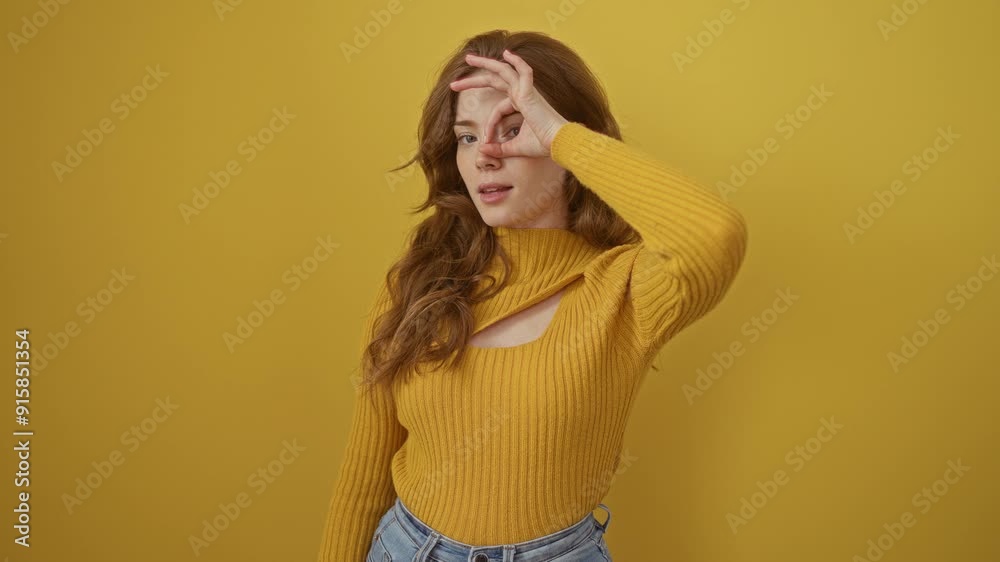 Young caucasian woman wearing sweater standing smiling happy doing ok sign with hand on eye looking through fingers over isolated yellow background Young caucasian woman wearing sweater standing smiling happy doing ok sign with hand on eye looking through fingers over isolated yellow background