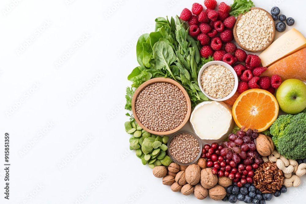 Balanced Diet Concept with Various Food Groups Arranged in Circular Pattern - Healthy Eating, Nutrient-Rich Foods, Fresh Produce, Protein, Vegetables, Dairy, Whole Grains, Nutrition and Wellness Balanced Diet Concept with Various Food Groups Arranged in Circular Pattern - Healthy Eating, Nutrient-Rich Foods, Fresh Produce, Protein, Vegetables, Dairy, Whole Grains, Nutrition and Wellness