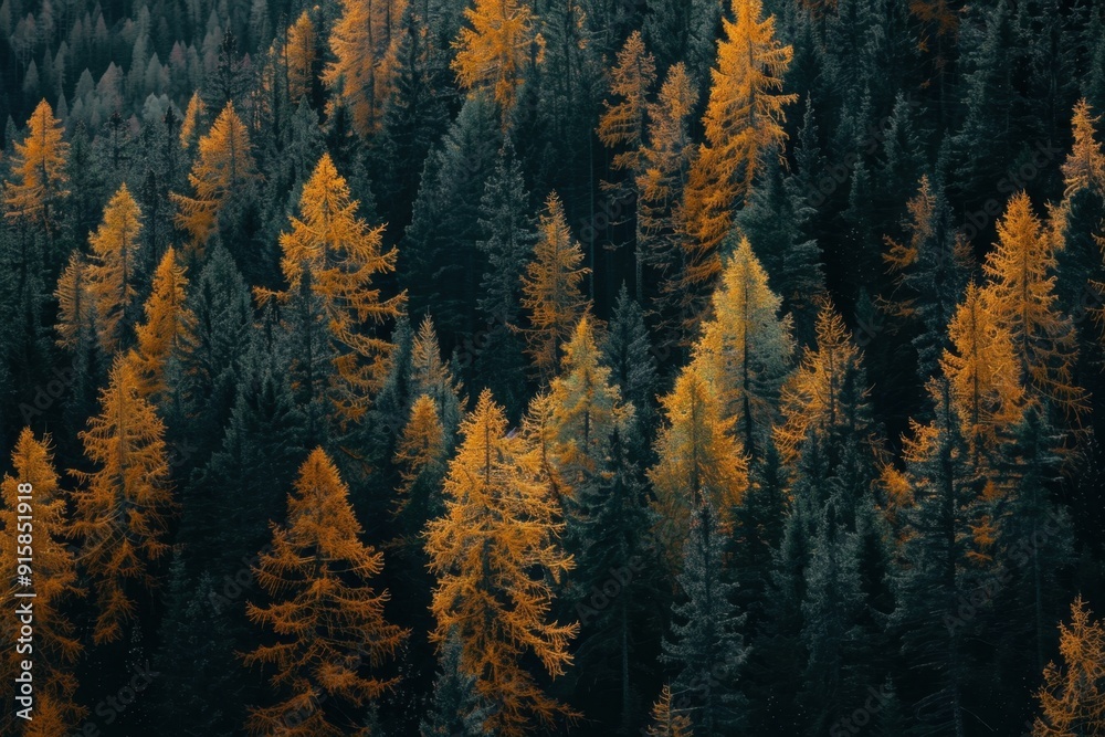 A dense forest of larch trees in autumn, their leaves leaning towards gold and orange against the dark backdrop of mountainous forests Generative AI A dense forest of larch trees in autumn, their leaves leaning towards gold and orange against the dark backdrop of mountainous forests Generative AI