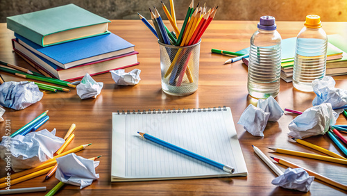 A cluttered desk with pencils, pens, and papers surrounded by empty water bottles and crumpled up notes, highlighting a student's stressful assessment preparation. photo