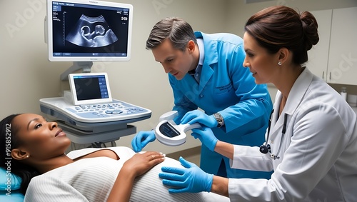 Obgyn performing ultrasound on a pregnant patient