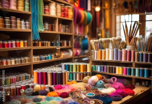 Wallpaper Mural vibrant display diverse crafting supplies featuring colorful accessories creative projects, layout, materials, tools, paper, paint, glue, scissors, yarn Torontodigital.ca