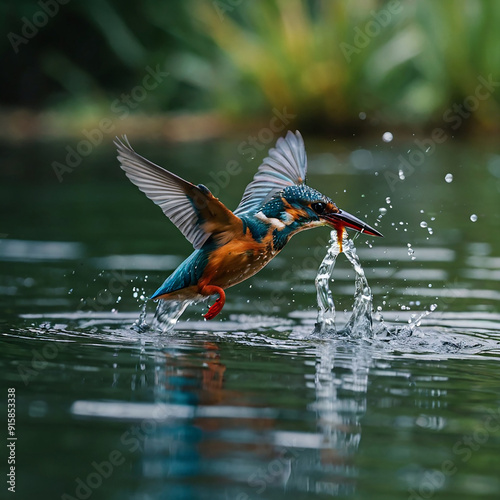 Make an image of a kingfisher bird diving towards ai photo