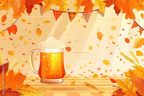 Octoberfest, beer mug and autumn leaves, yellow orange beige checkered pattern background with flags. poster or banner backdrop for brewing events during fall season. photo