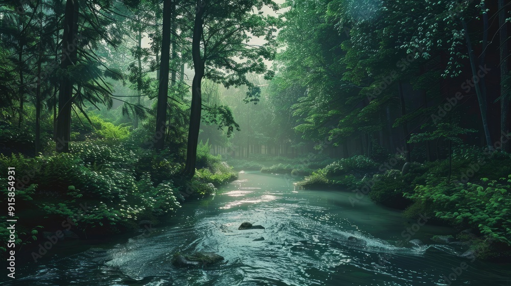 A serene river flows gently through a thick forest