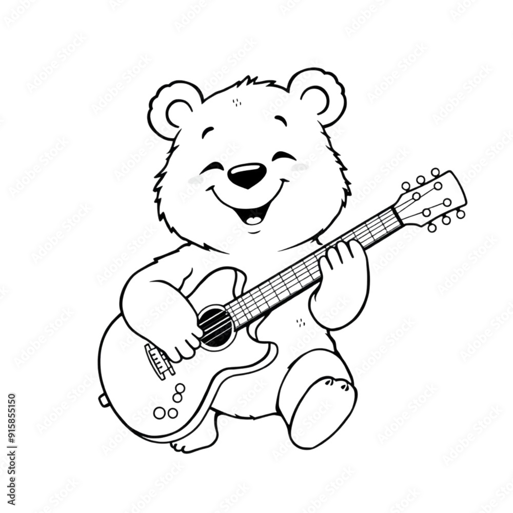 Coloring page outline of cartoon smiling cute bear plays guitar on an ...