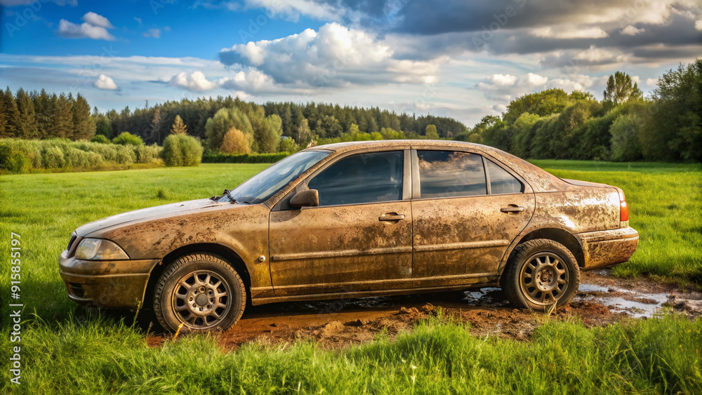 A dirty brown sedan with mud splatters covering its body and wheels, parked in a rural field surrounded by lush green grass and trees. A dirty brown sedan with mud splatters covering its body and wheels, parked in a rural field surrounded by lush green grass and trees.