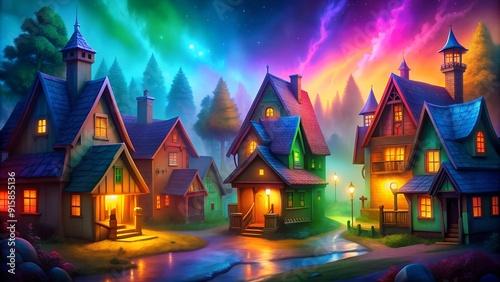 Fairytale houses in nature on the background of a picturesque fantastic sky