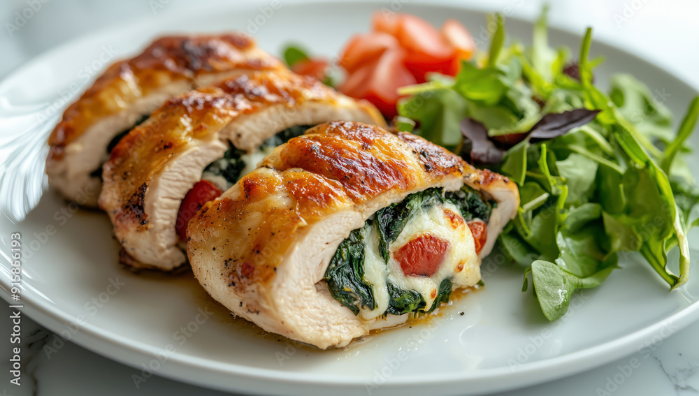 A chicken fillet stuffed with spinach and cheese, served with a side salad A chicken fillet stuffed with spinach and cheese, served with a side salad