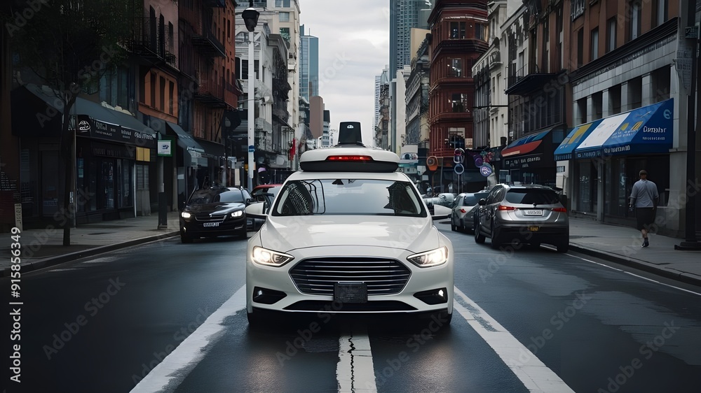 Naklejka premium An autonomous car self-driving smoothly on a bustling city street. Autopilot