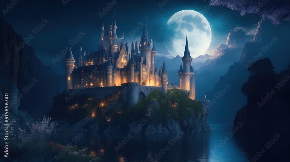 Fototapeta premium A fabulous fantasy castle on an island near a lake at night in the moonlight against the background of mountains