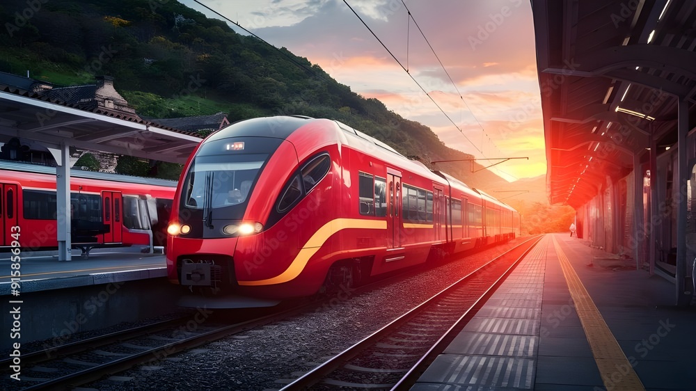 Naklejka premium A modern red commuter train at a picturesque railway station.
