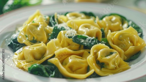 Italian ravioli pasta with spinach and ricotta in white plate. Italian tortellini pasta. photo