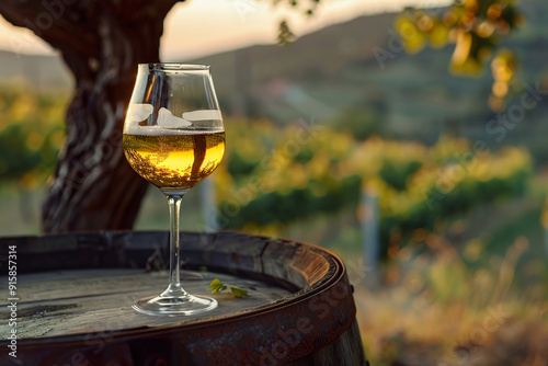 A glass of white wine is sitting on a wooden barrel, generative ai. photo