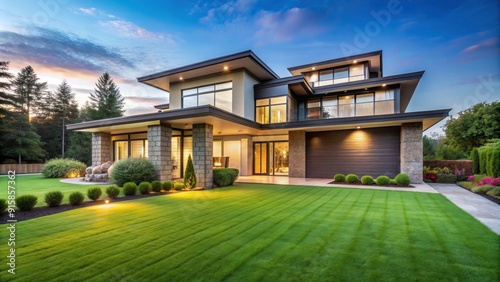 Luxurious modern home with manicured green lawn, contemporary, luxury, home, green, lawn, architecture, design, living