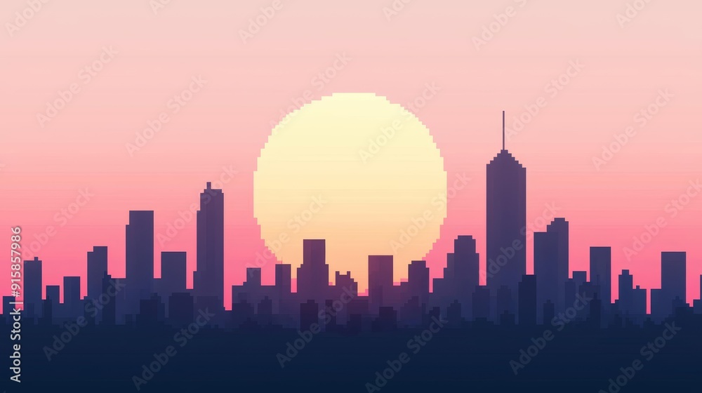 Naklejka premium A pixel art cityscape at sunrise with the first light of dawn reflecting off the skyscrapers