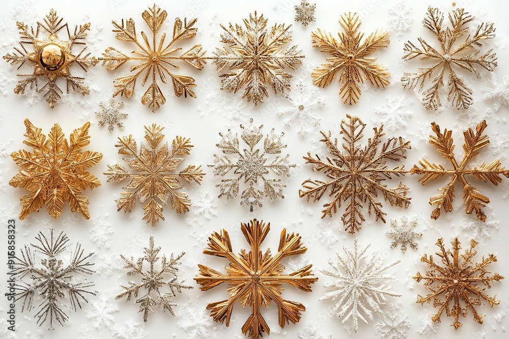 intricate set of shimmering gold snowflakes against pristine white background varied designs showcase delicate details and symmetry evoking winter elegance and holiday magic