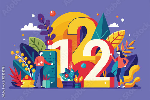 Colorful flat illustration showcasing a seasonal sale theme with large numerals surrounded by diverse plants and two figures interacting joyfully