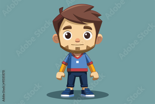 A cartoon character with a beard is standing proudly in casual attire, ready for adventures in a lively, colorful environment