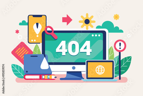 A colorful flat illustration depicting a 404 error on multiple screens featuring devices and elements of a modern workspace
