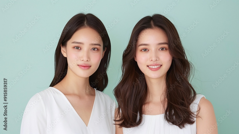 Portrait of Two Women in White Outfits Against a Mint Green Background, Ideal for Fashion Blogs, Marketing Materials, and Editorial Use, Perfect for Banners with Copyspace, Highlighting Natural Beauty Portrait of Two Women in White Outfits Against a Mint Green Background, Ideal for Fashion Blogs, Marketing Materials, and Editorial Use, Perfect for Banners with Copyspace, Highlighting Natural Beauty