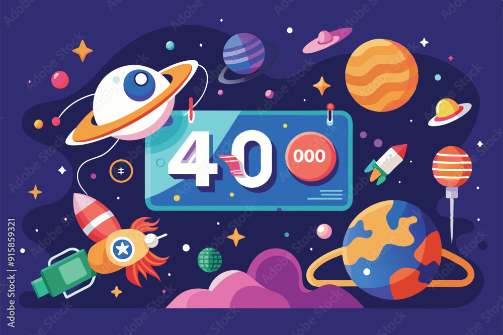 A vibrant cosmic scene showcases various planets, rockets, and a countdown sign, highlighting the excitement of space exploration A vibrant cosmic scene showcases various planets, rockets, and a countdown sign, highlighting the excitement of space exploration