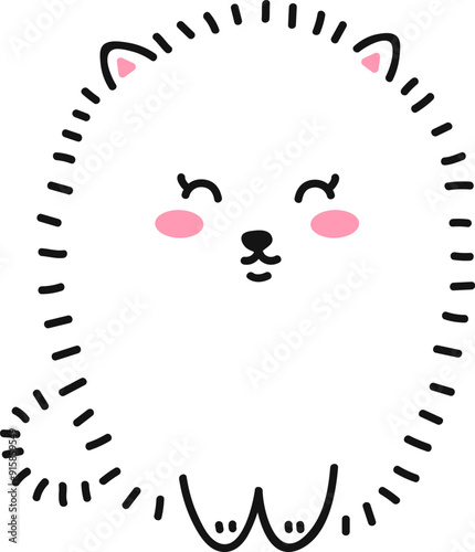 Cute little white dog sitting smiling. Fluffy dog, puppy pomeranian spitz puppy. Doodle drawing by hand. Linear graphics. Isolated vector illustration.