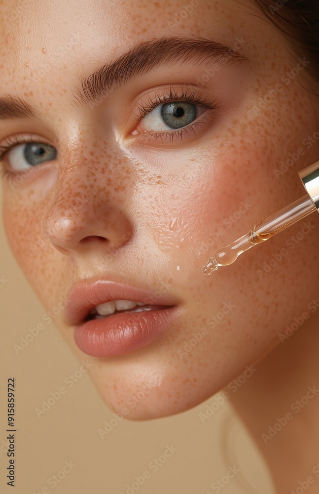 Obraz premium A freckled woman getting a facial treatment with a dropper bottle on beige background