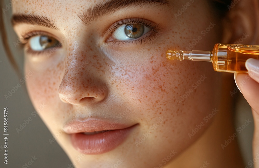 A freckled woman getting a facial treatment with a dropper bottle on beige background A freckled woman getting a facial treatment with a dropper bottle on beige background