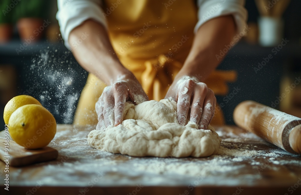 Woman's hands kneading dough on a wooden table, flour dust floating around
