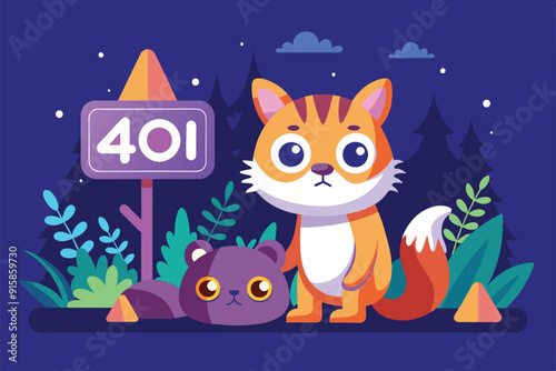 Two adorable animals stand near a mysterious 401 error sign under a starry sky surrounded by tall trees and lush plants