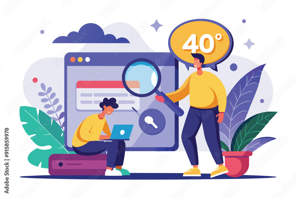 A person searches for customizable designs on a laptop while another points out specifics on a screen. Bright plants and a cozy atmosphere surround them A person searches for customizable designs on a laptop while another points out specifics on a screen. Bright plants and a cozy atmosphere surround them