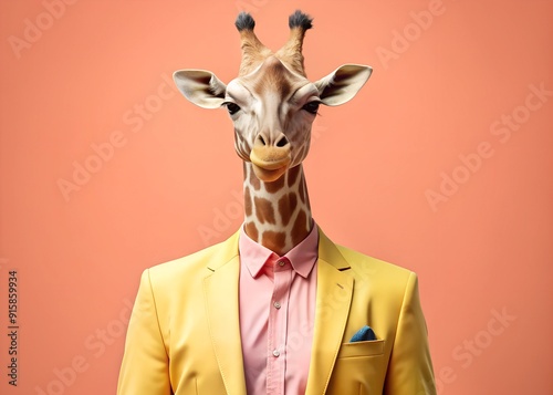 A Giraffe With A Yellow Jacket And A Pink Shirt With A Yellow Jacket. photo