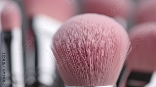 Close-Up of Soft Blush Makeup Brush on a Vanity Table With Other Brushes