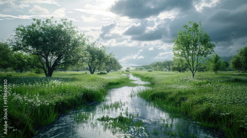 Obraz premium A peaceful natural scene showing a stream in a grassy field under a cloudy sky with trees and water mirroring the surroundings