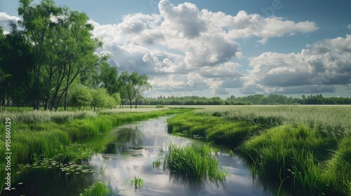 A peaceful natural scene showing a stream in a grassy field under a cloudy sky with trees and water mirroring the surroundings