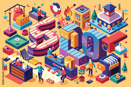 A lively isometric illustration depicts a birthday celebration with colorful decorations, thematic elements, and engaging activities in a unique setting