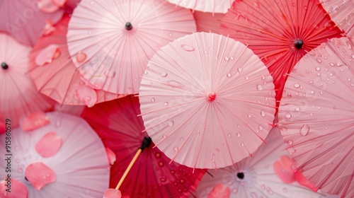 Colorful Paper Umbrellas Displayed on Soft Pink Background in Artistic Arrangement
