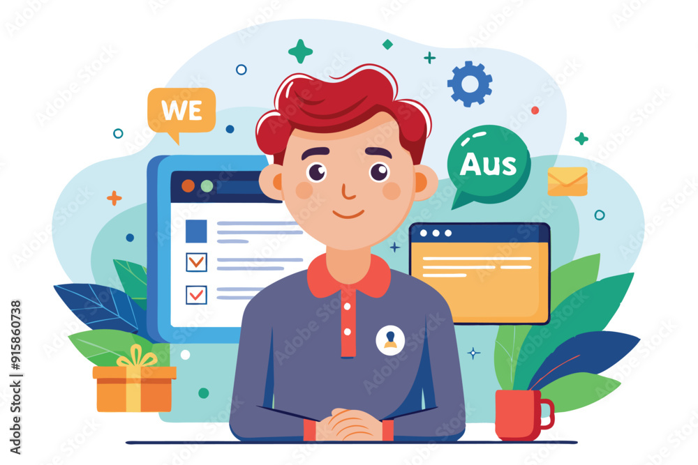 A cheerful character sits at a desk with a computer, greenery, and colorful icons, representing a welcoming and professional atmosphere for an About Us page A cheerful character sits at a desk with a computer, greenery, and colorful icons, representing a welcoming and professional atmosphere for an About Us page
