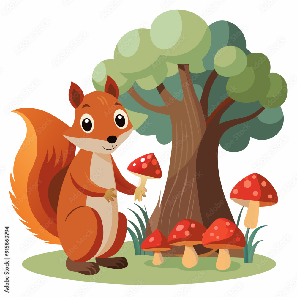 Naklejka premium Squirrel Among the Mushrooms art vector illustration