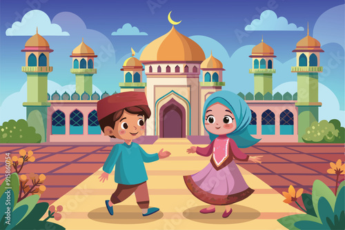 A boy and girl are happily playing together in the courtyard of a mosque, surrounded by colorful flowers and a beautifully designed building